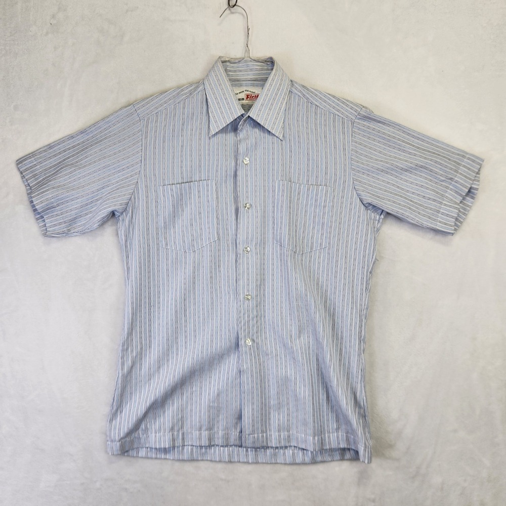 Vintage First Shirt Mens Blue Striped Short Sleeve Button Down Shirt 20x28